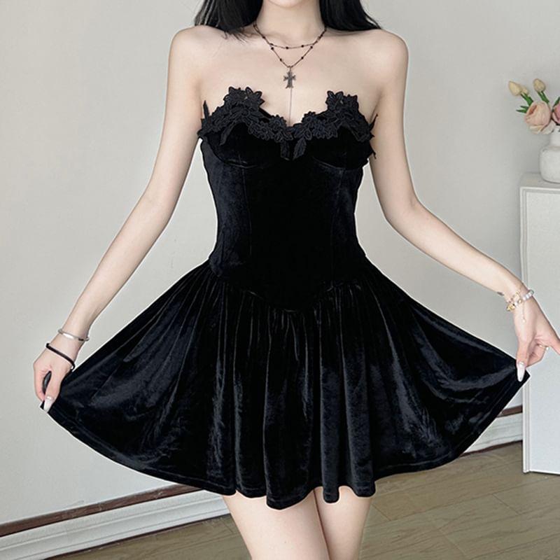 Strapless Plain Lace Trim Velvet Mini A-Line Dress Product Image