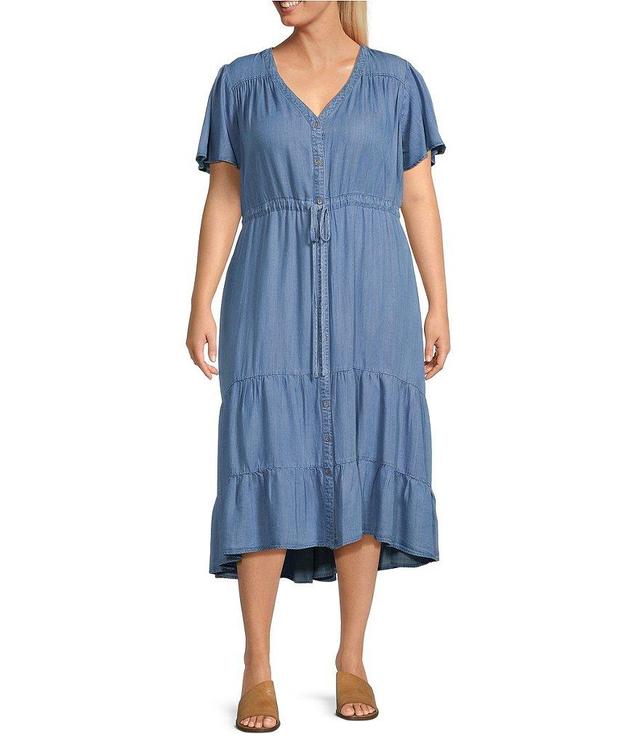 Nurture by Westbound Plus Size Button Front Short Flutter Sleeve A-Line Chambray Midi Dress Product Image