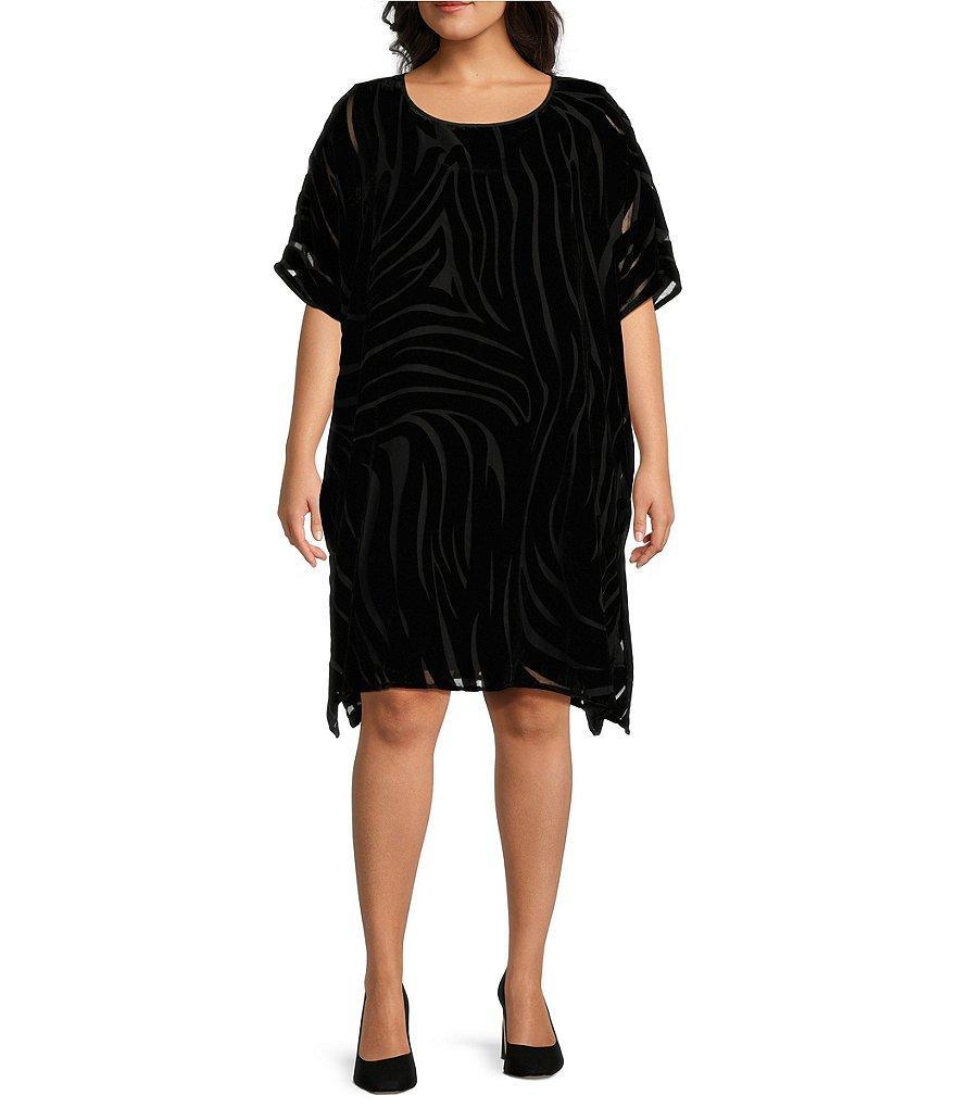 Caroline Rose Plus Size Burnout Velvet Zebra Pattern Scoop Neck Short Sleeve Shift Dress Product Image