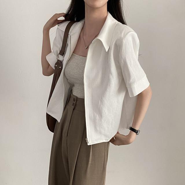 Short-Sleeve Zip-Up Plain Crop Jacket Product Image