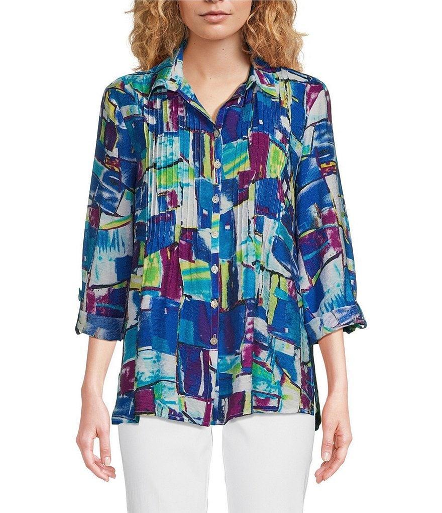 Ali Miles Woven Printed Collar Neck 3/4 Sleeve Button Front Tunic Product Image