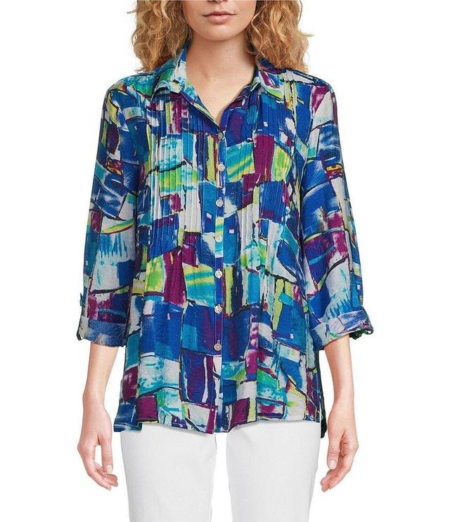 Ali Miles Woven Printed Collar Neck 3/4 Sleeve Button Front Tunic Product Image