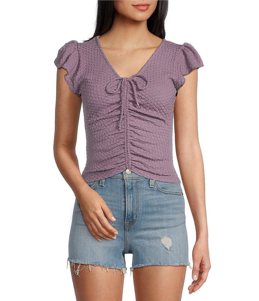 Honey & Sparkle Puckered Tie Front Flutter Sleeve Top Product Image