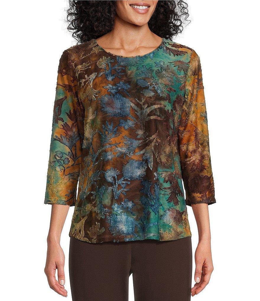 Allison Daley Spruce Tie Dye Print 3/4 Sleeve Crew Neck Knit Top Product Image