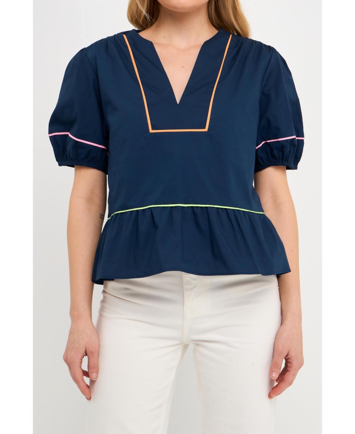 English Factory Womens Piping Detail Top with Short Puff Sleeves Product Image