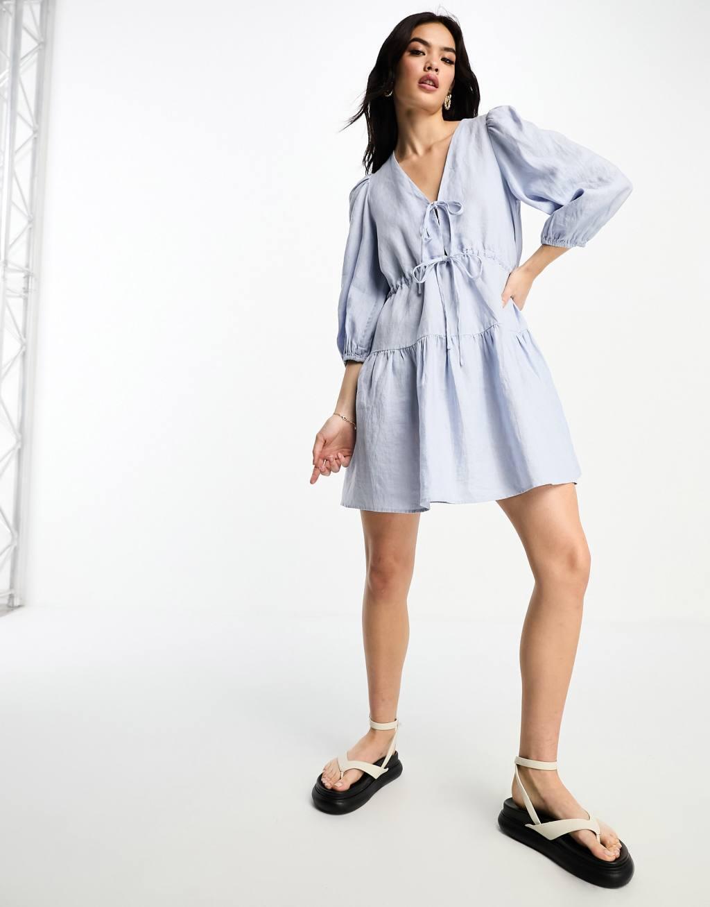 & Other Stories linen tie detail mini dress in blue product image