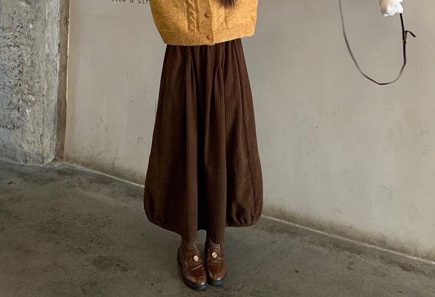 Crew Neck Plain Cable Knit Button-Up Cardigan / High Rise Midi A-Line Skirt Product Image