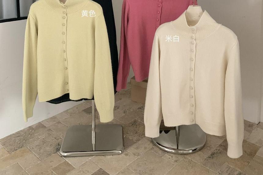 Plain High Neck Button-Up Cardigan Product Image