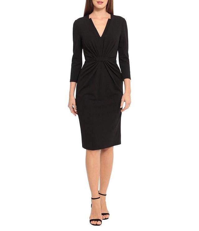 Maggy London Stretch V-Neck 3/4 Sleeve Belted Waist Ruched Sheath Dress Product Image