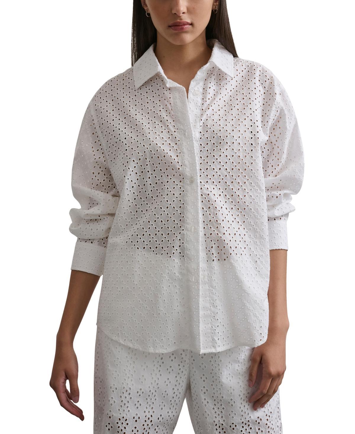 Women's Eyelet Long-Sleeve Button-Front Blouse Product Image