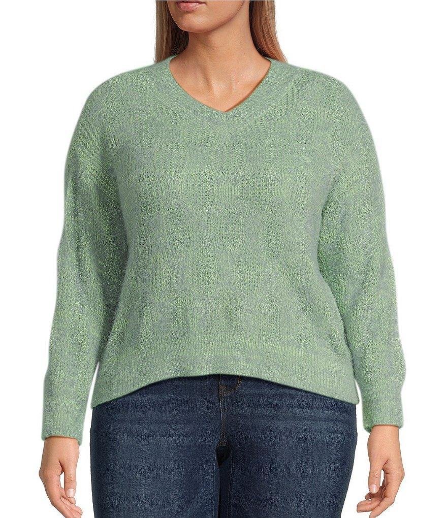 Democracy Plus Size V-Neck Long Sleeve Two Tone Eyelash Sweater Product Image