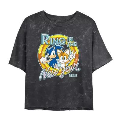 Juniors Sonic The Hedgehog Ring In The New Year Cropped Tee Womens Crew Neck Short Sleeve Sonic the Hedgehog Graphic T-Shirt Product Image