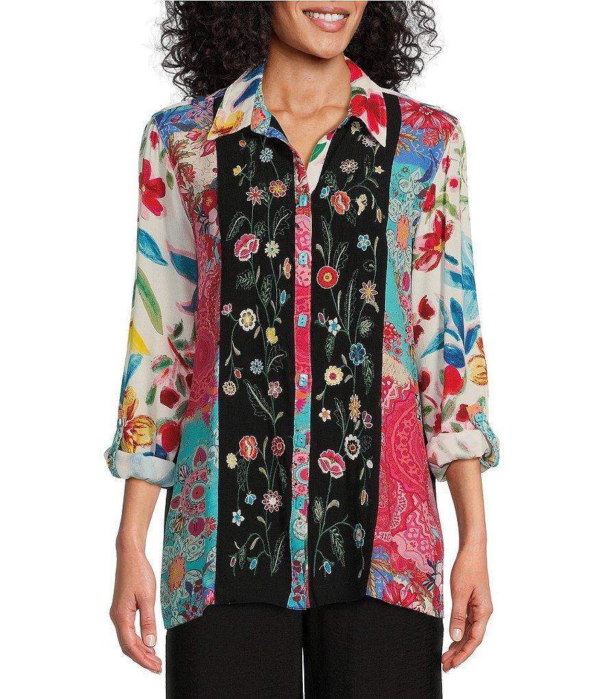 John Mark Embroidered Multi-Print Point Collar Button Front Long Roll Tab Sleeves Top product image