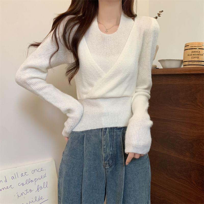 Mock Two-Piece Long-Sleeve Plain Knit Top Product Image