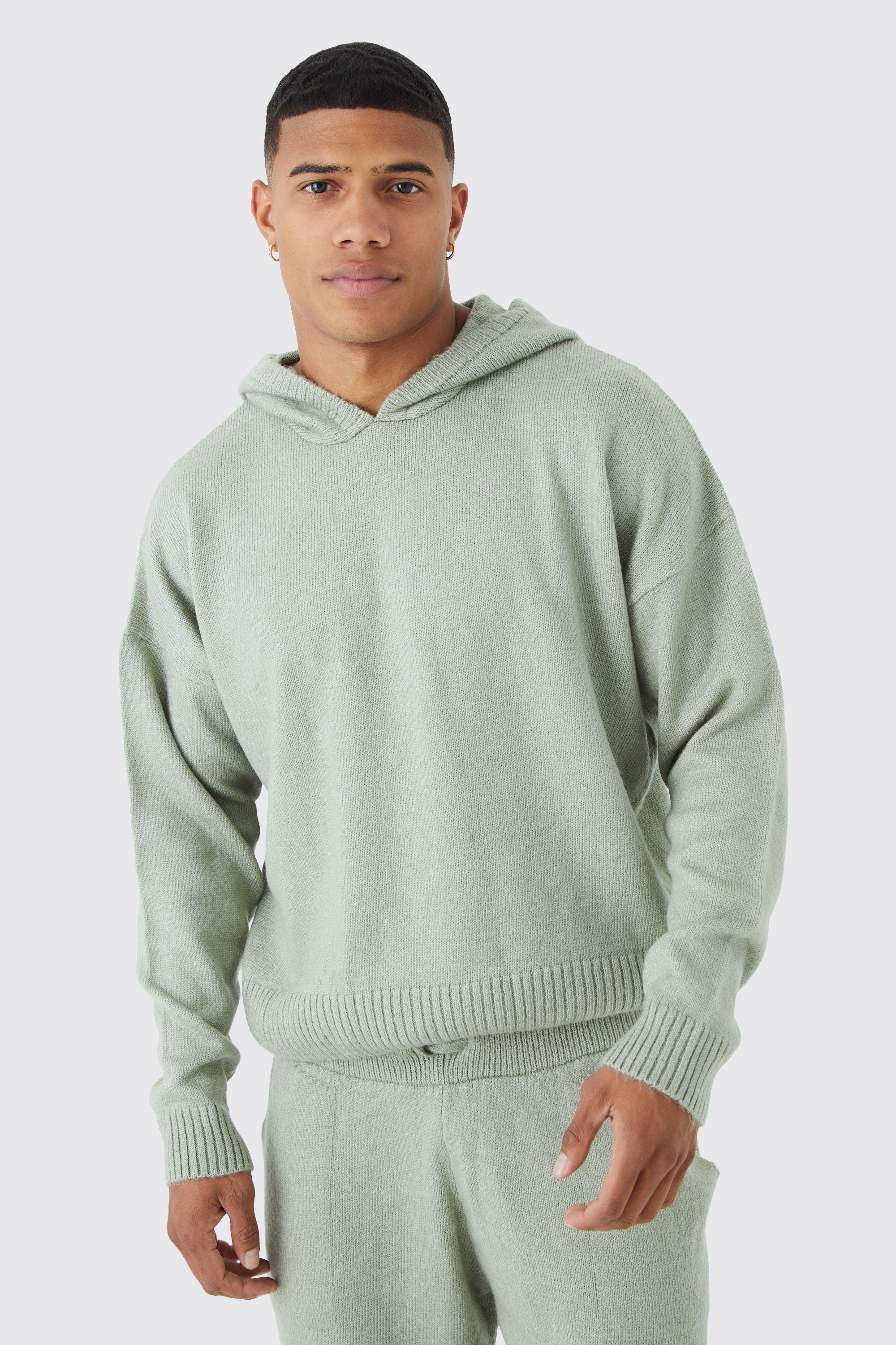 Mens Green Boxy Brushed Knitted Hoodie, Green Product Image