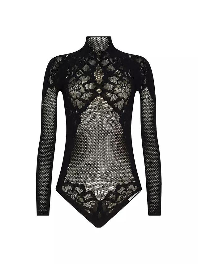 Floral Lace Fishnet Mock-Turtleneck Bodysuit Product Image