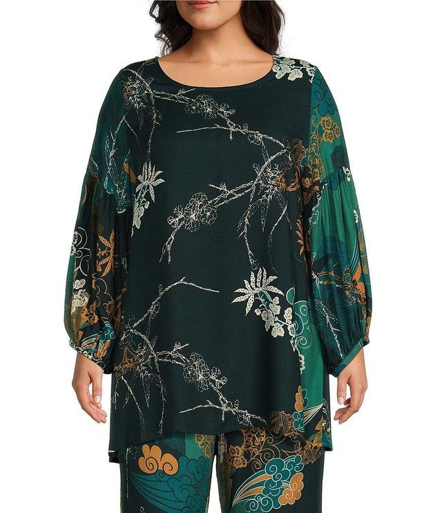 Bryn Walker Plus Size Crepe Woven Floral Crepe Woven Scoop Neck Long Sleeve Oversized Coordinating Tunic Product Image