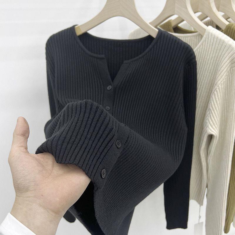 Notch Neck Plain Ribbed Cardigan Product Image