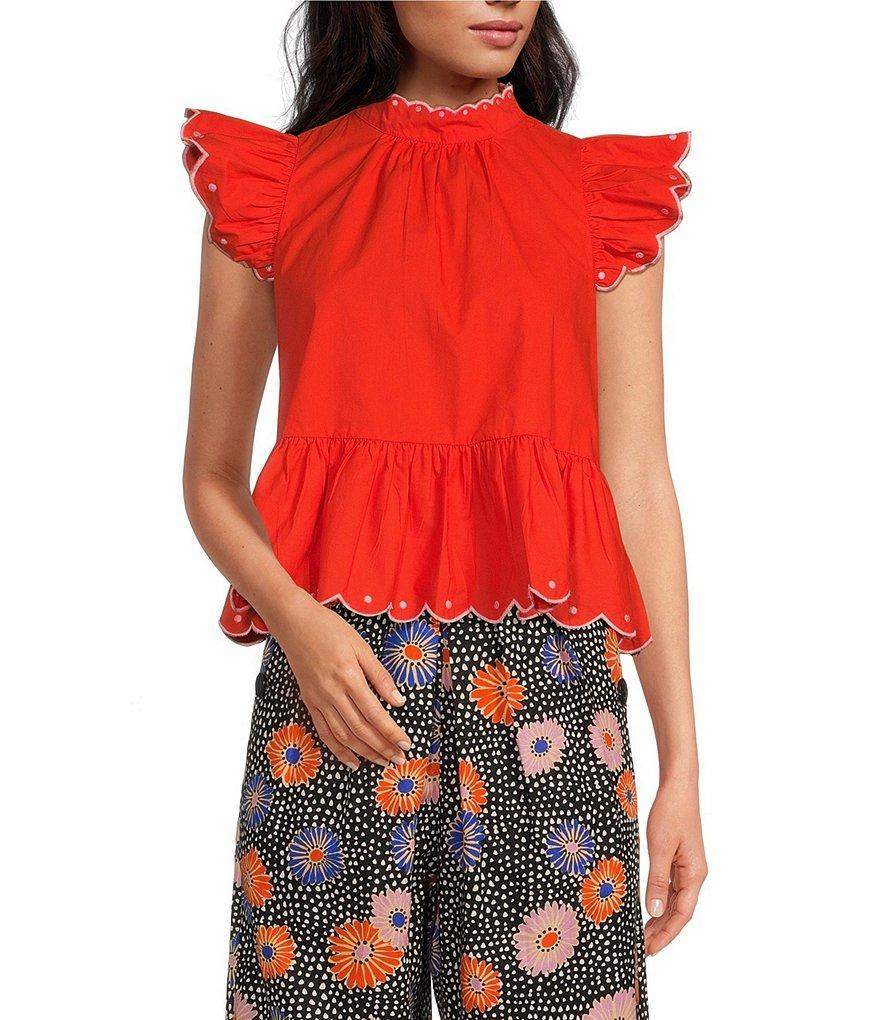 COREY LYNN CALTER Misty Poplin High Neck Cap Ruffle Sleeve Embroidered Top Product Image