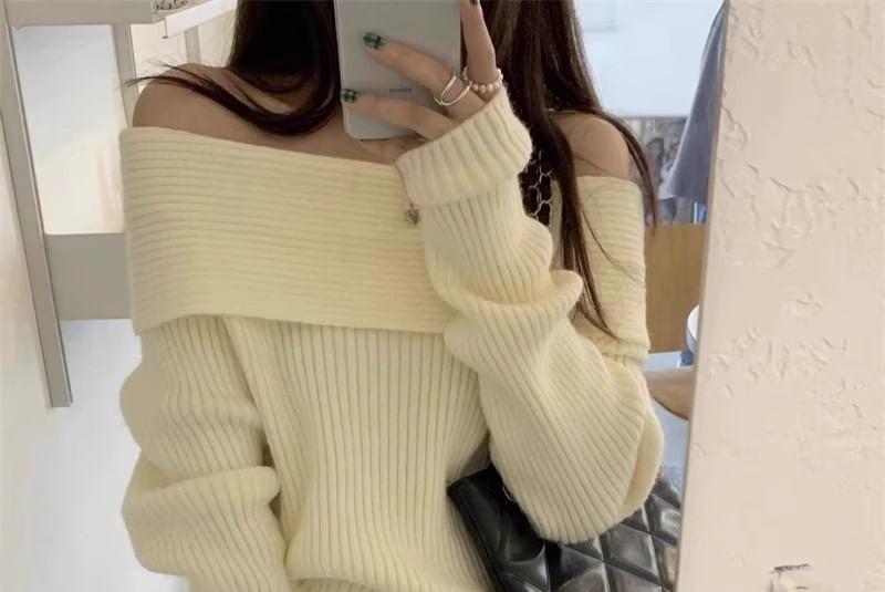 Off-Shoulder Plain Ribbed Sweater Product Image