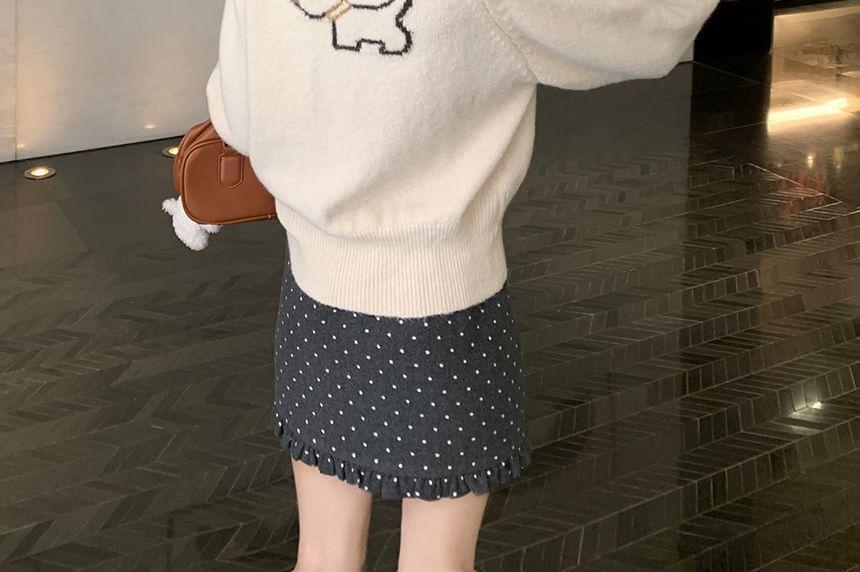 Crew Neck Dog Jacquard Sweater / High Rise Dotted Mini Pencil Skirt Product Image