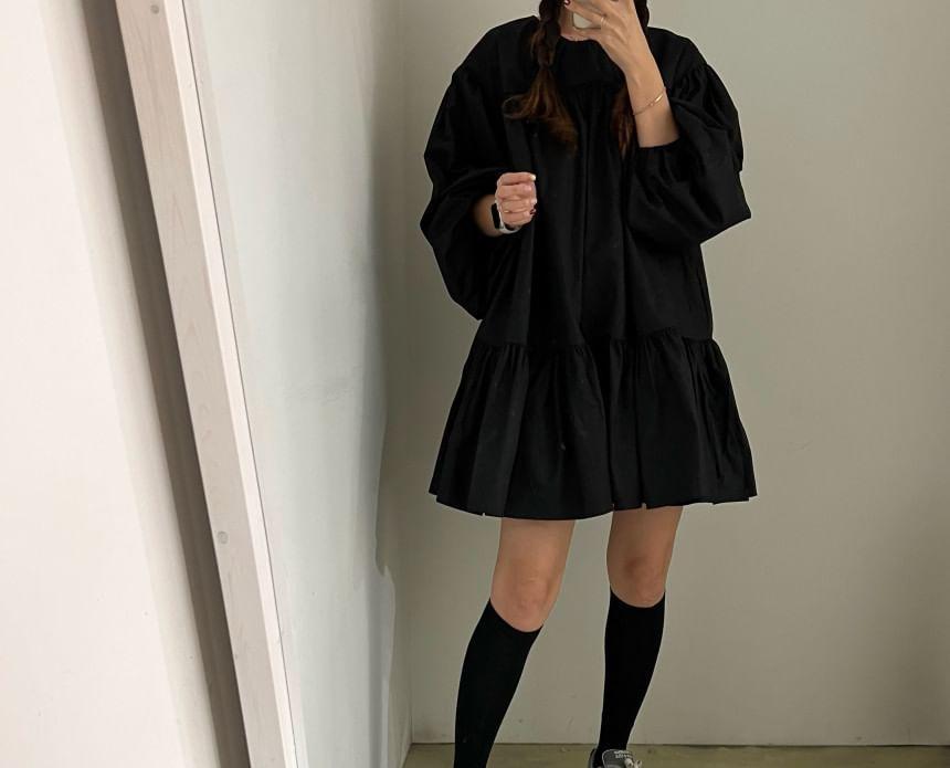 Long-Sleeve Crewneck Plain A-Line Dress Product Image