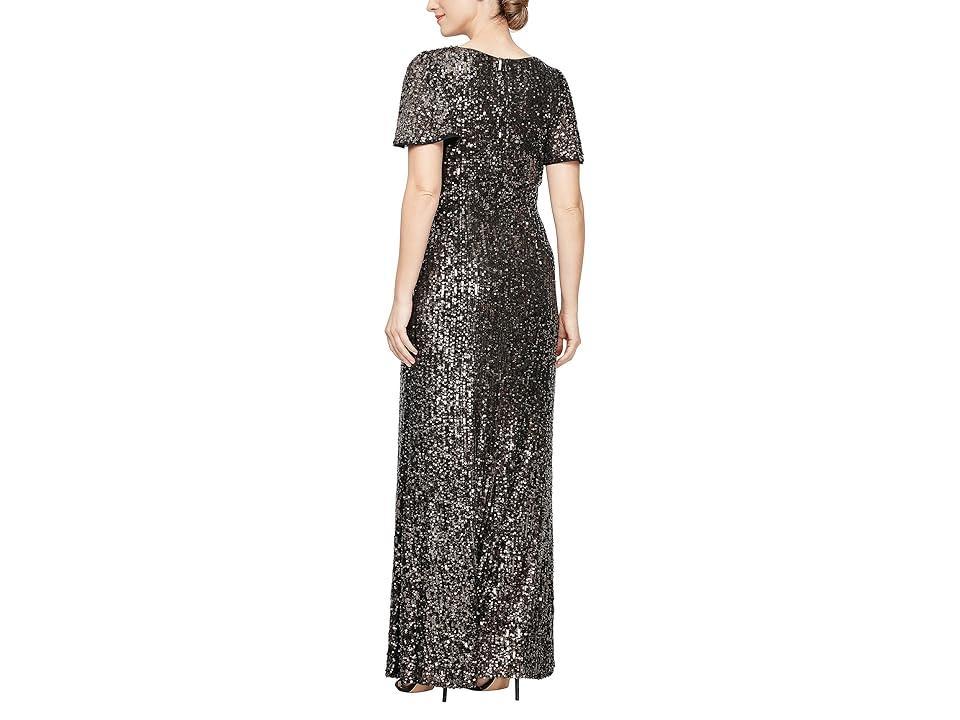 Alex Evenings Long Sequins Gown with Flutter Sleeves and Front Knot Detail Bronze) Women's Dress Product Image