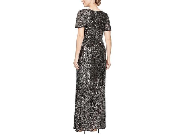 Alex Evenings Long Sequins Gown with Flutter Sleeves and Front Knot Detail Bronze) Women's Dress Product Image