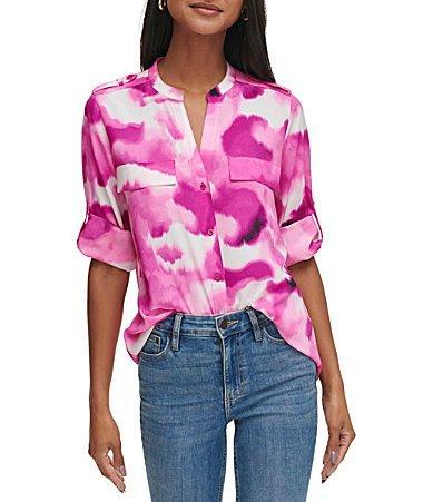 Calvin Klein Printed V-Neck Roll Tab Sleeve Blouse Product Image