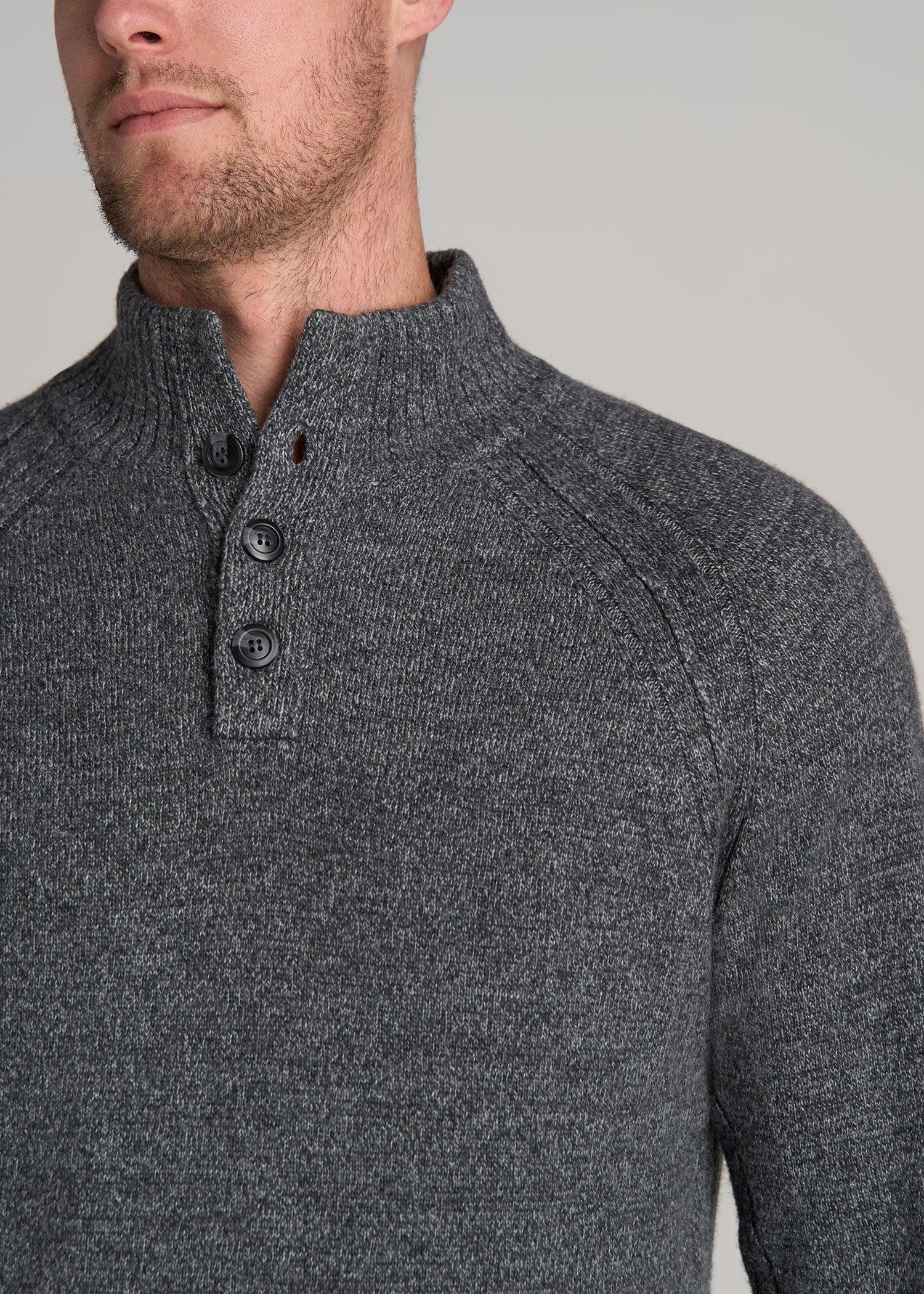 Three Button Mock Neck Tall Men's Sweater in Grey Marl Male Product Image