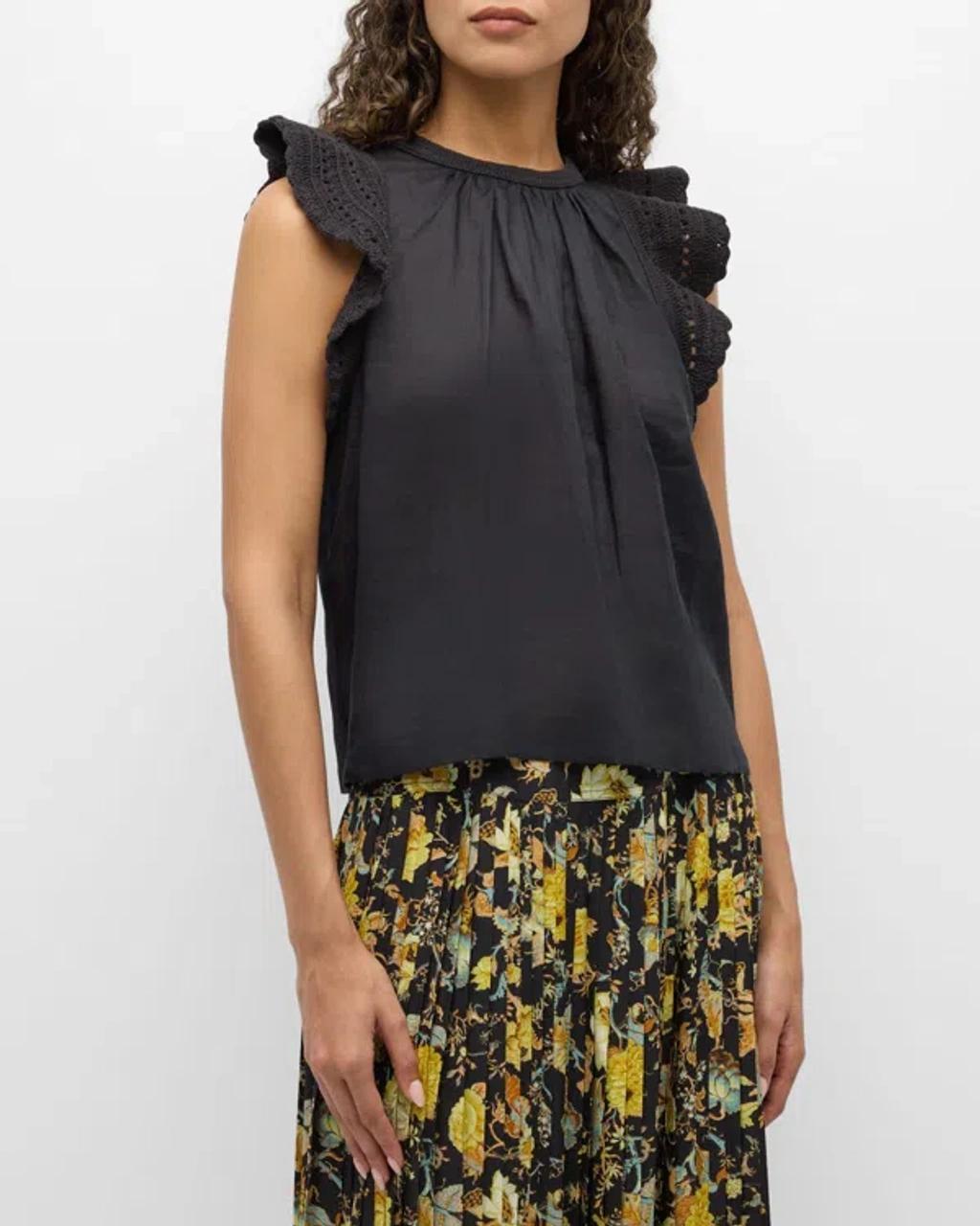 ULLA JOHNSON Kai Ruffled Crochet-sleeve Top In Noir Product Image