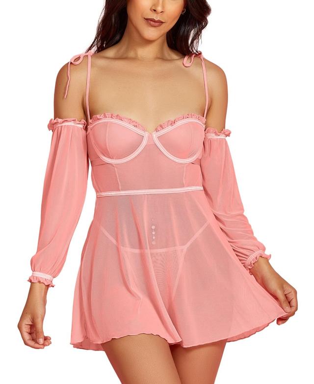 Hauty Womens 2PC Babydoll Lingerie Set in Sheer Soft Mesh and Attached off the Shoulder Sleeves Product Image