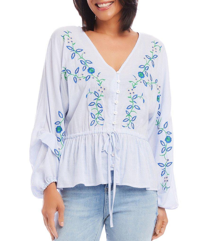 Karen Kane Petite Size Embroidered Drawstring V-Neck Button Front Blouse product image