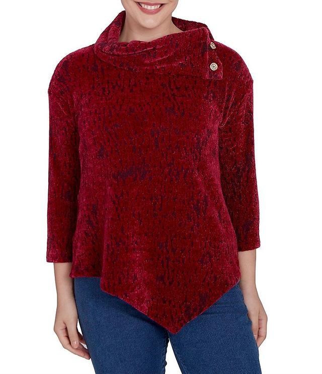 Ruby Rd. Knit Faux Fois Bois Print Split Cowl Neck 3/4 Sleeve Asymmetric Hem Sweater Product Image