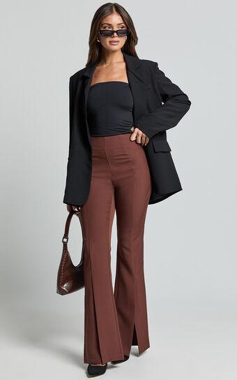 Volta Pants - Front High Waisted Split Boot Leg Kick Out Pants in Chocolate Product Image