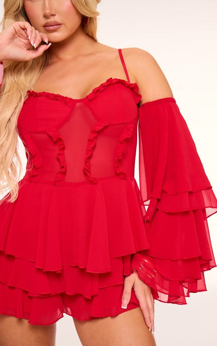 Red Ruffle Detail Chiffon Frilly Skort Romper Product Image