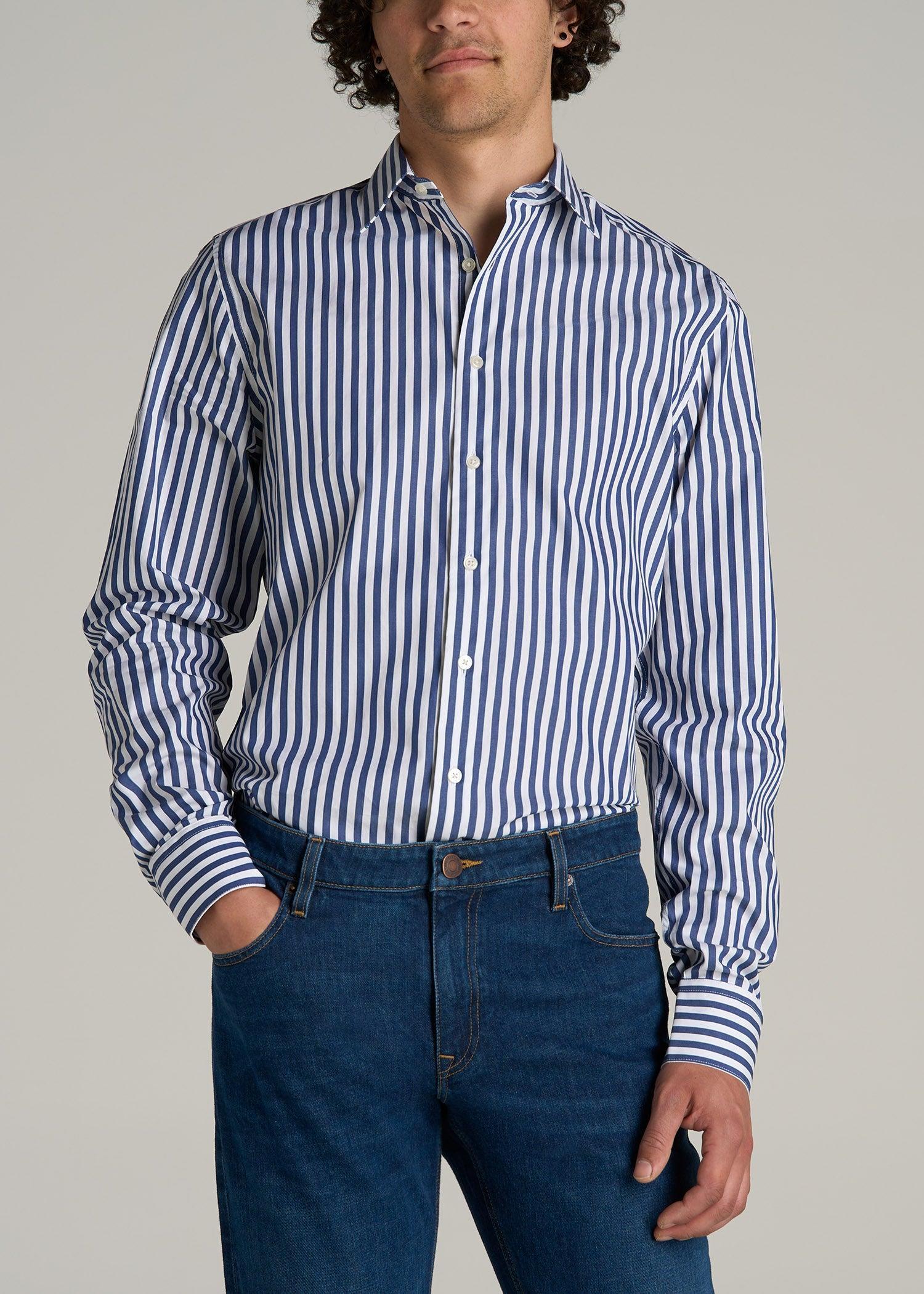 Premium Dress Shirt for Tall Men in Bold Blue Stripe Product Image