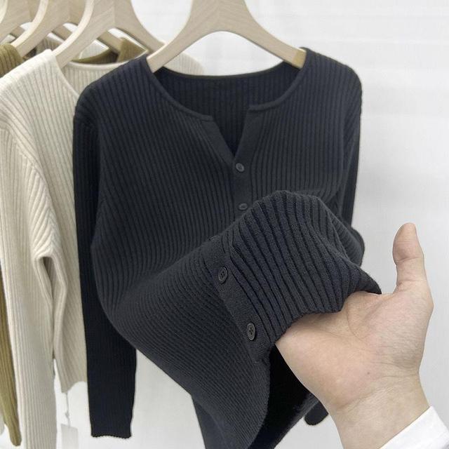 Notch Neck Plain Ribbed Cardigan Product Image