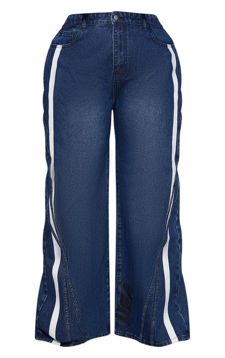 Plus Mid Blue Wash Graphic Detail Panelled Wide Leg Jeans Product Image