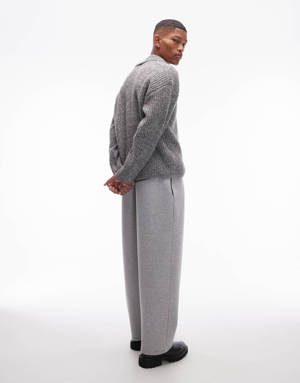 Topman straight leg pleat front heavyweight scuba sweatpants in heather gray Product Image