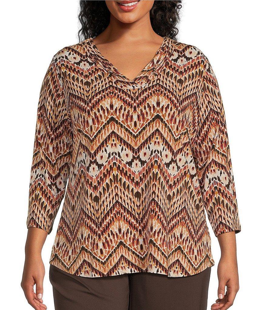 Allison Daley Plus Size Espresso Multi Chevron Print Pleated 3/4 Sleeve V-Neck Knit Top Product Image