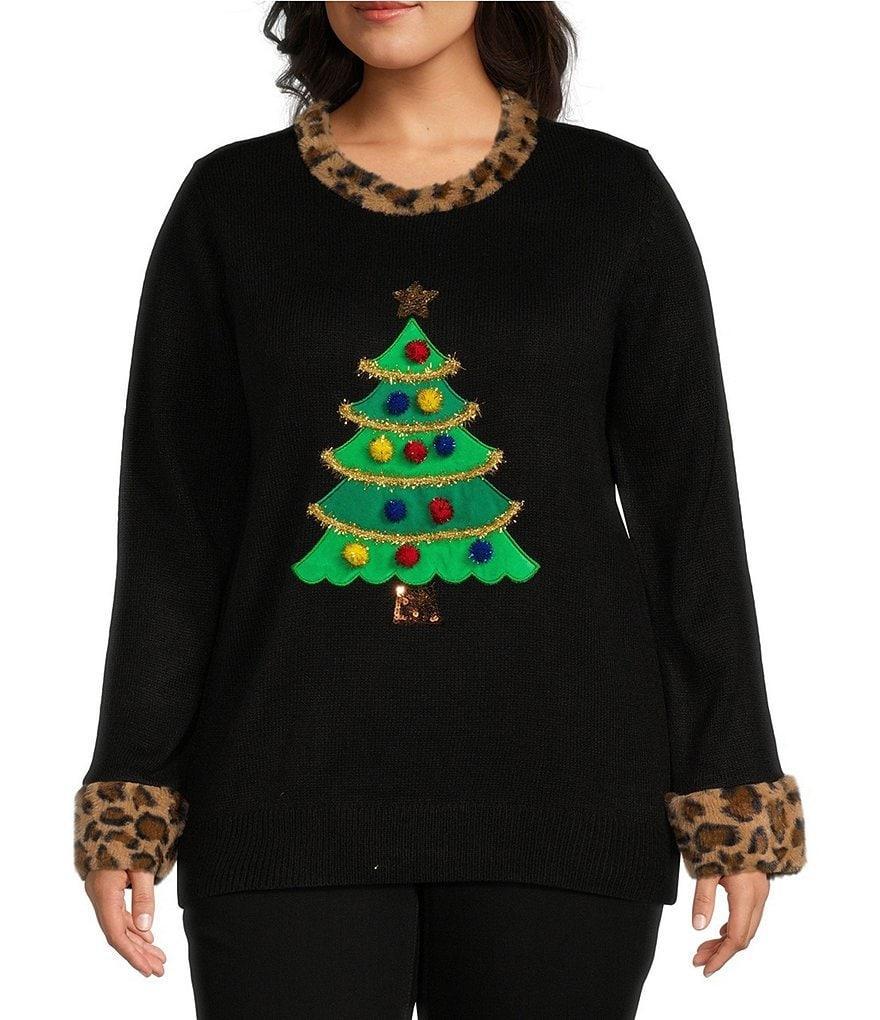 Lisa International Plus Size Animal Faux Fur Trim Christmas Tree Crew Neck Sweater Product Image