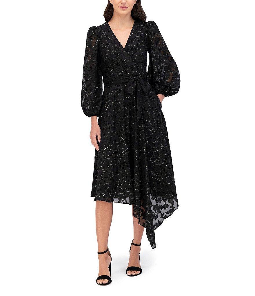 Eliza J Clip Chiffon V-Neck Long Balloon Sleeve Tie Waist Midi Dress Product Image