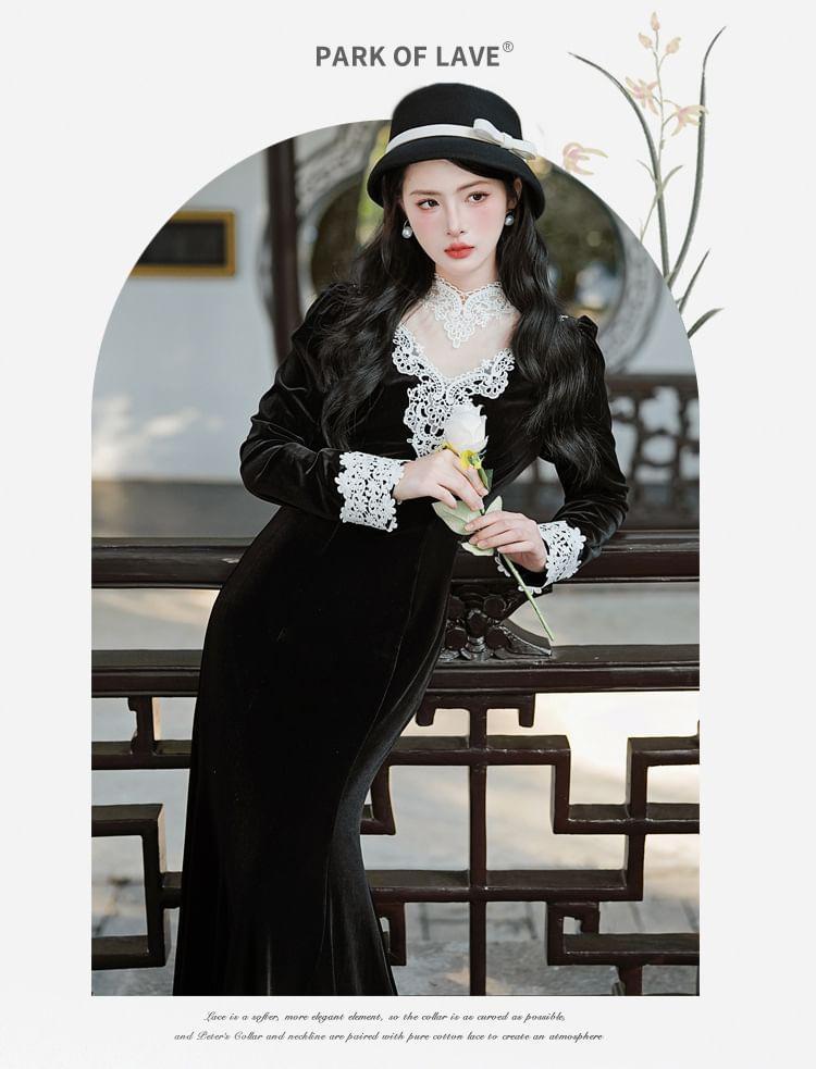 Long-Sleeve Mock Neck Velvet Panel Maxi Mermaid Dress Product Image