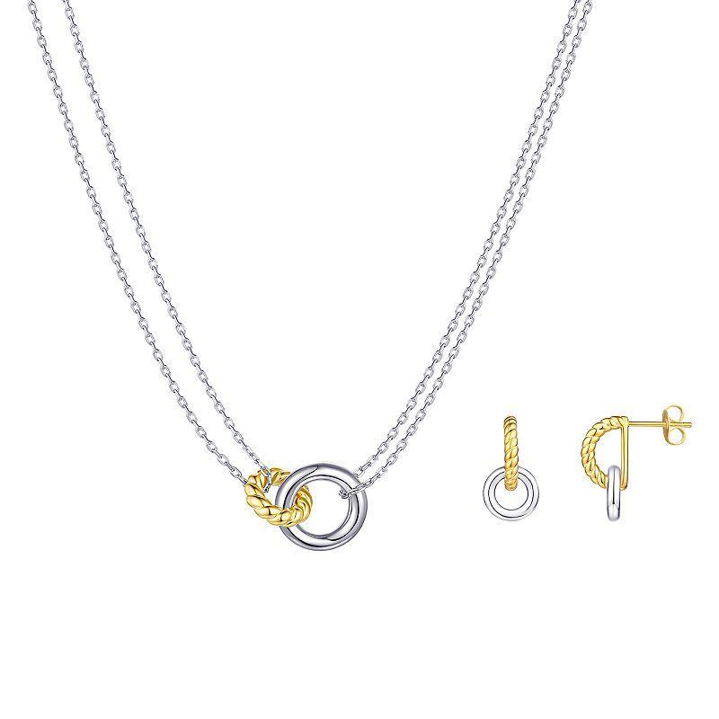 Sterling Silver Two-Tone Polished & Ribbed Linked Circle Necklace & Earrings Set, Womens Two Tone Product Image