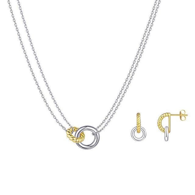 Sterling Silver Two-Tone Polished & Ribbed Linked Circle Necklace & Earrings Set, Womens Two Tone Product Image