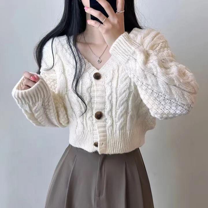 V-Neck Plain Cable Knit Cardigan Product Image