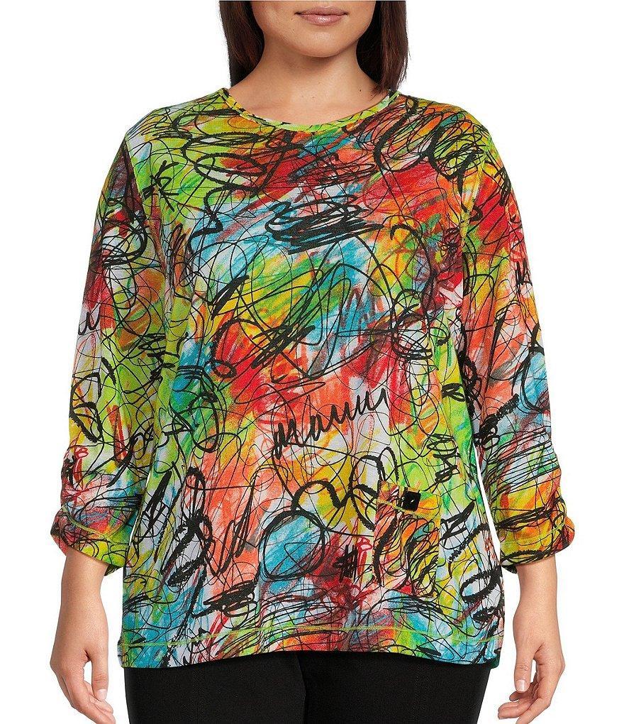 Multiples Plus Size Abstract Print Slub Knit Scoop Neck 3/4 Bungee Sleeve 1-Pocket Top Product Image