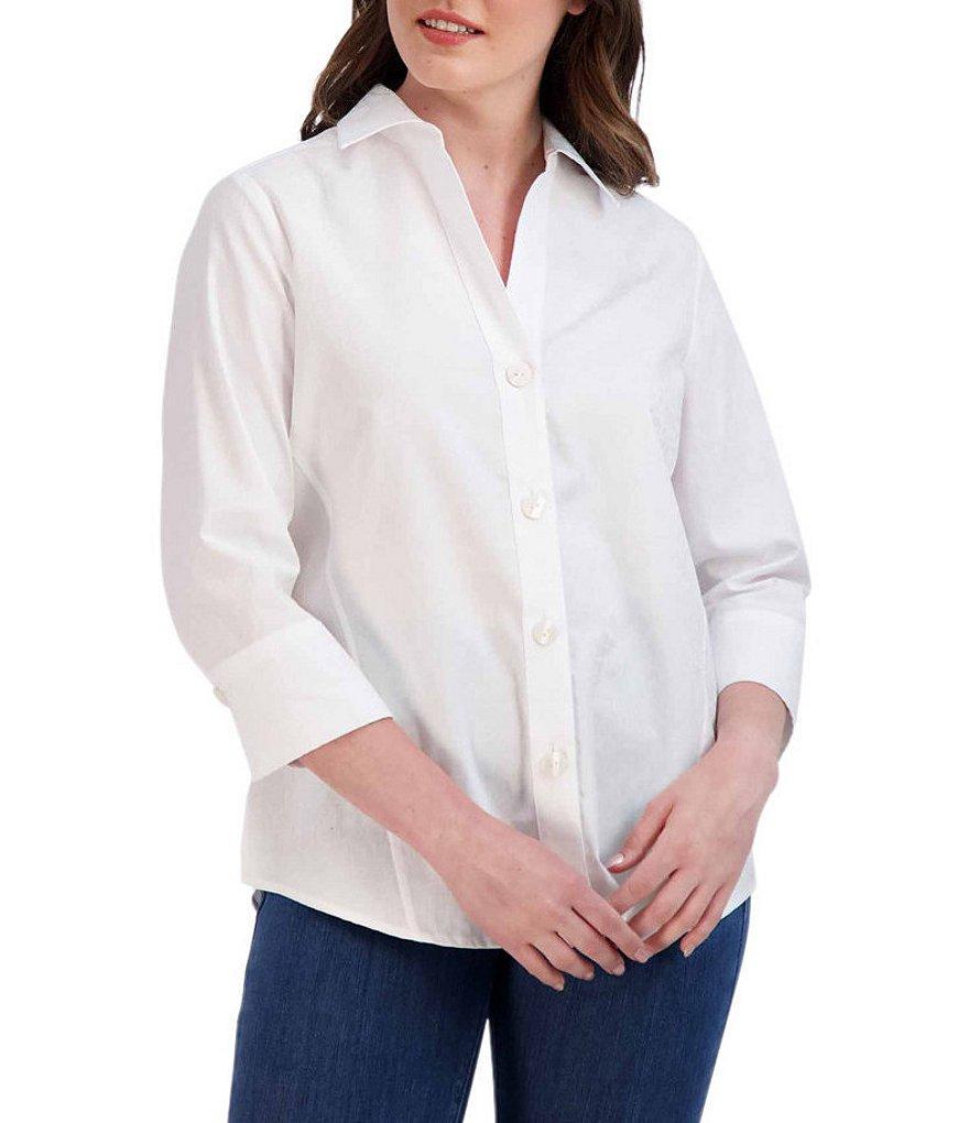 Foxcroft Paityn Jacquard Point Collar 3/4 Sleeve Shirttail Hem Button Front Shirt Product Image