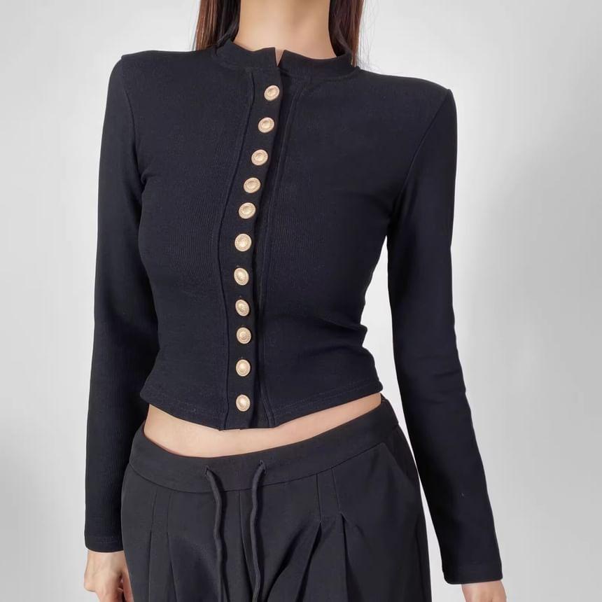 Long-Sleeve Button-Up Plain Top Product Image